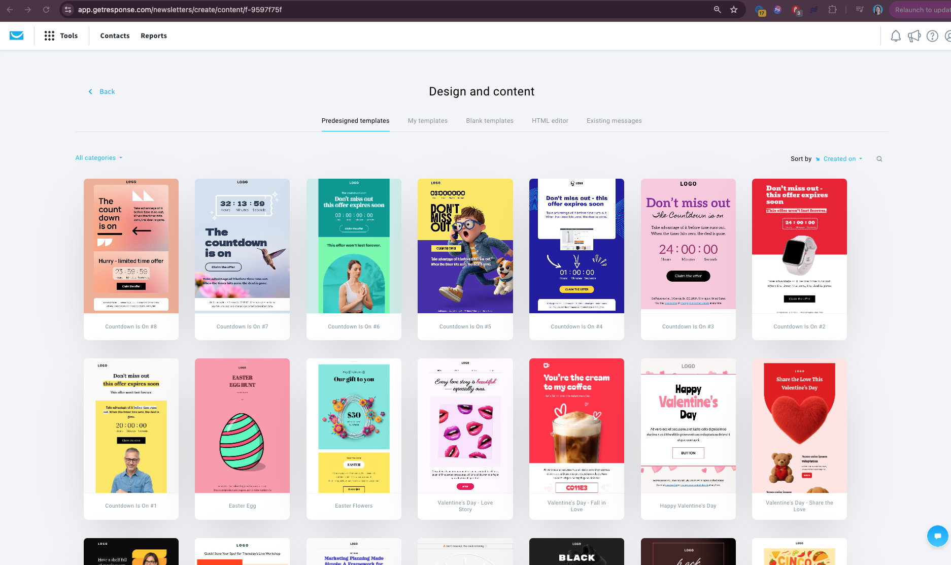 Screenshot of the GetResponse email editor’s “Design and content” page, showing a grid of predesigned email templates with countdown timers in various styles and colors, along with navigation tabs and sorting options at the top.